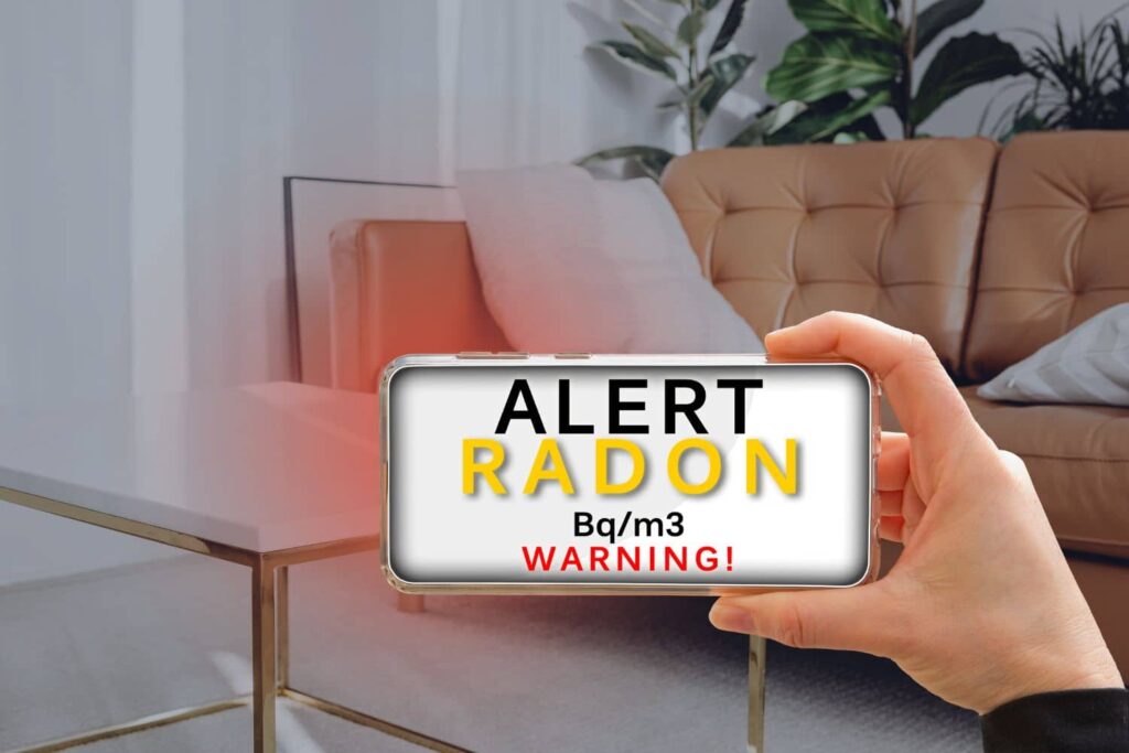 Smartphone radon gas alert warning screen, explaining what are safe radon levels for a home inspection by Accurate Home Inspectors of Florida.