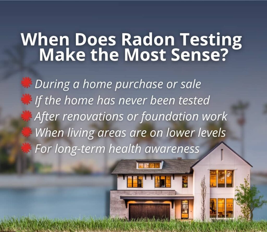 A graphic listing when to test a home for radon gas alongside an image of a Florida house, explaining what are safe radon levels with Accurate Home Inspectors of Florida.