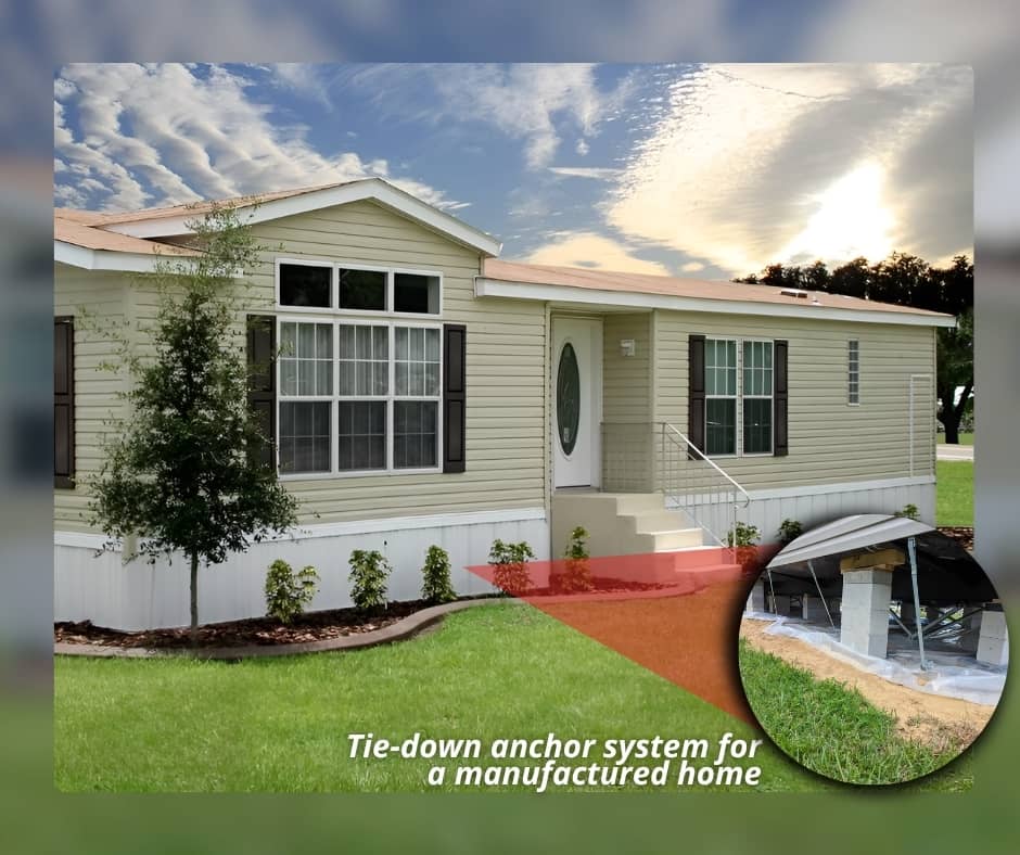 An image of a manufactured home with a circular inset showing the metal tie-down anchor system and concrete support piers used for structural stability.