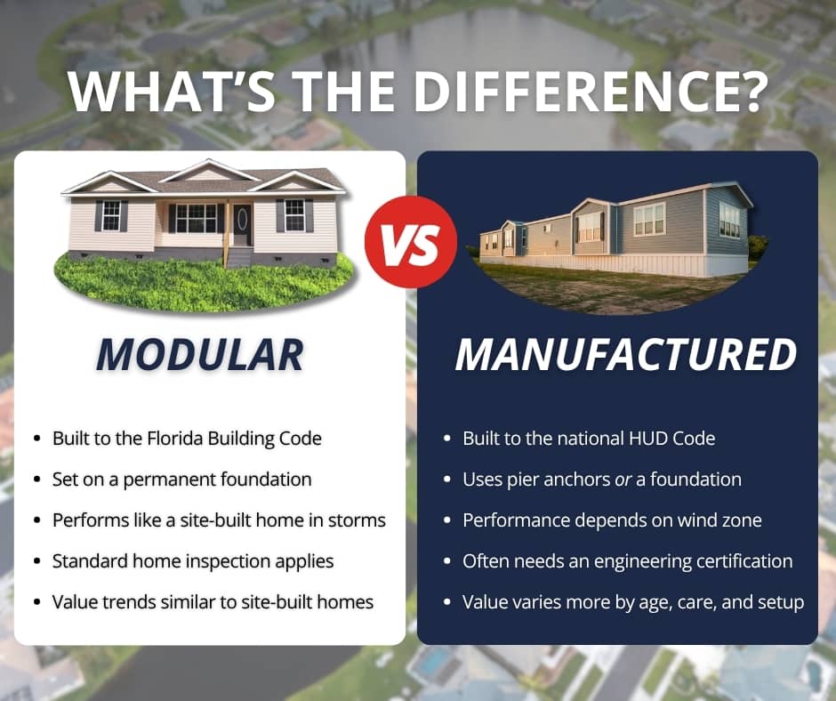 A side-by-side comparison infographic titled "What's the Difference?" detailing the contrasting building codes, foundation types, and value trends of modular versus manufactured homes.