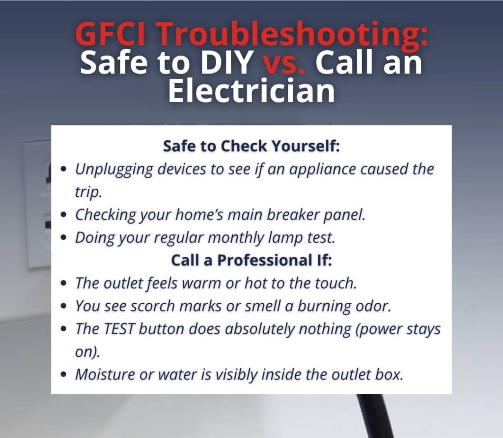 An infographic titled "GFCI Troubleshooting: Safe to DIY vs. Call an Electrician" displays bulleted lists contrasting tasks that are safe for a homeowner to check themselves against dangerous warning signs that require calling a professional.