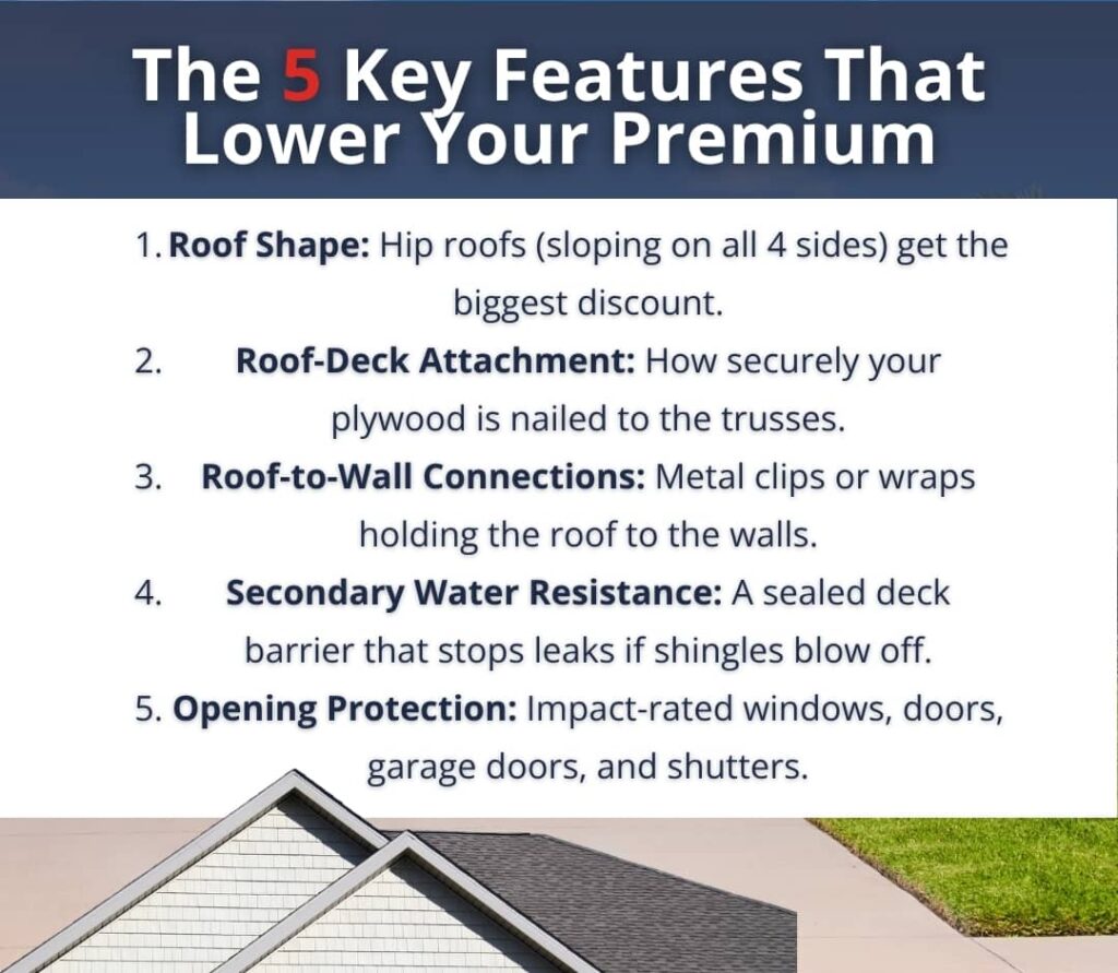 An infographic titled "The 5 Key Features That Lower Your Premium" lists five wind mitigation features—roof shape, roof-deck attachment, roof-to-wall connections, secondary water resistance, and opening protection—set against a white background above a partial view of a house roof.