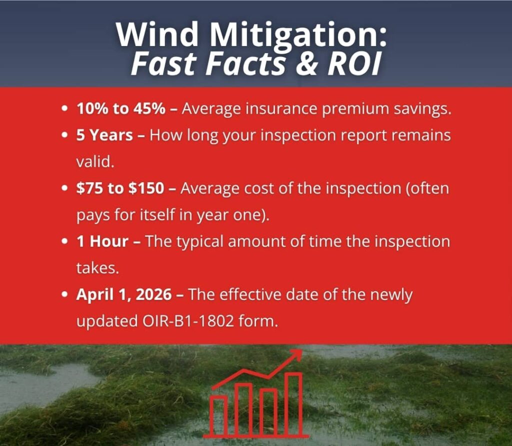 An infographic titled "Wind Mitigation: Fast Facts & ROI" displays a bulleted list of key insurance savings, costs, and timeline statistics on a red background above a flooded landscape with a rising bar graph icon.