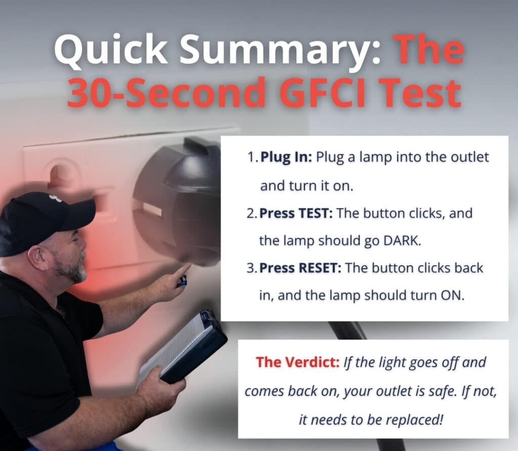 An infographic titled "Quick Summary: The 30-Second GFCI Test" features a home inspector pointing to text boxes that outline a three-step process for testing a GFCI outlet with a lamp and a verdict on determining if the outlet is safe.