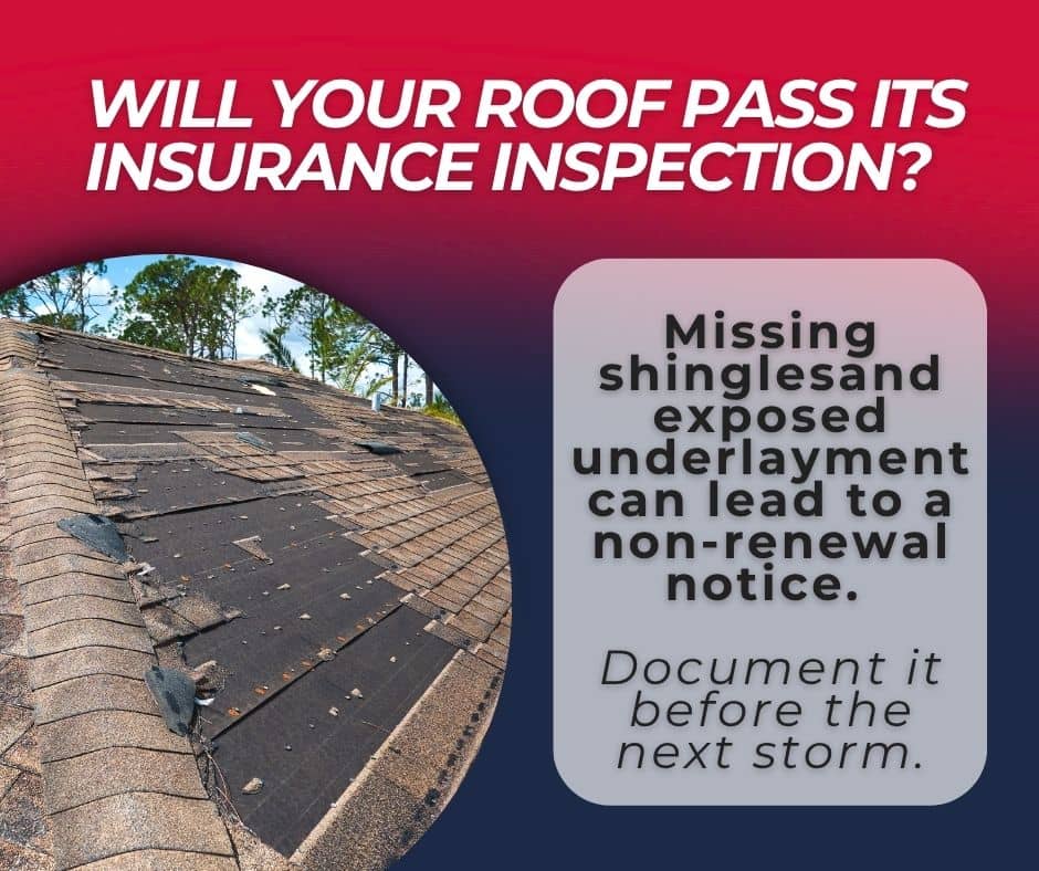 Storm-damaged Florida roof with missing shingles and exposed underlayment that could fail a roof inspection for insurance
